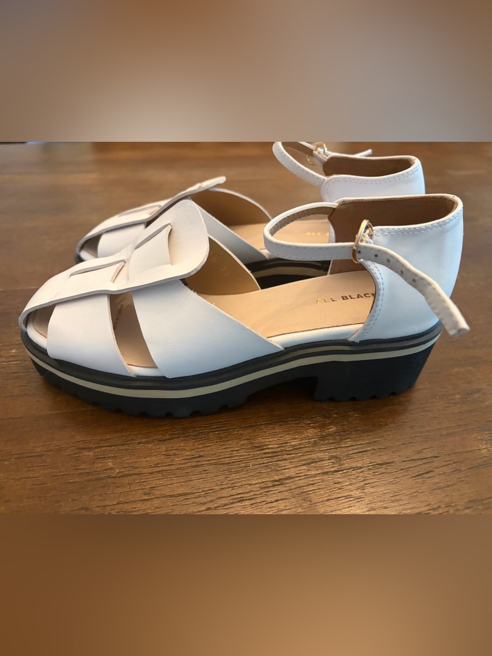 All Black White Leather Platform Sandals with Ankle Strap